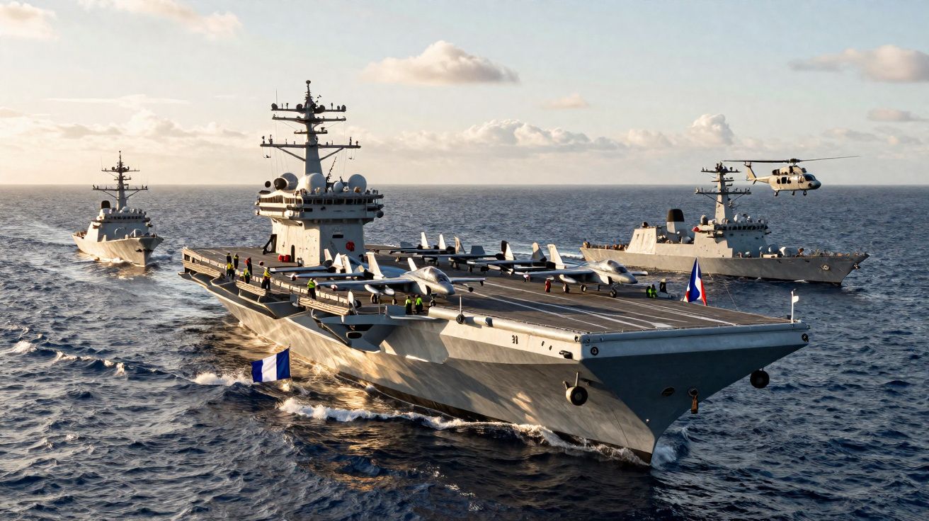 Porta-aviões acompanhado por dois navios militares e um helicóptero sobre o mar ao pôr do sol.