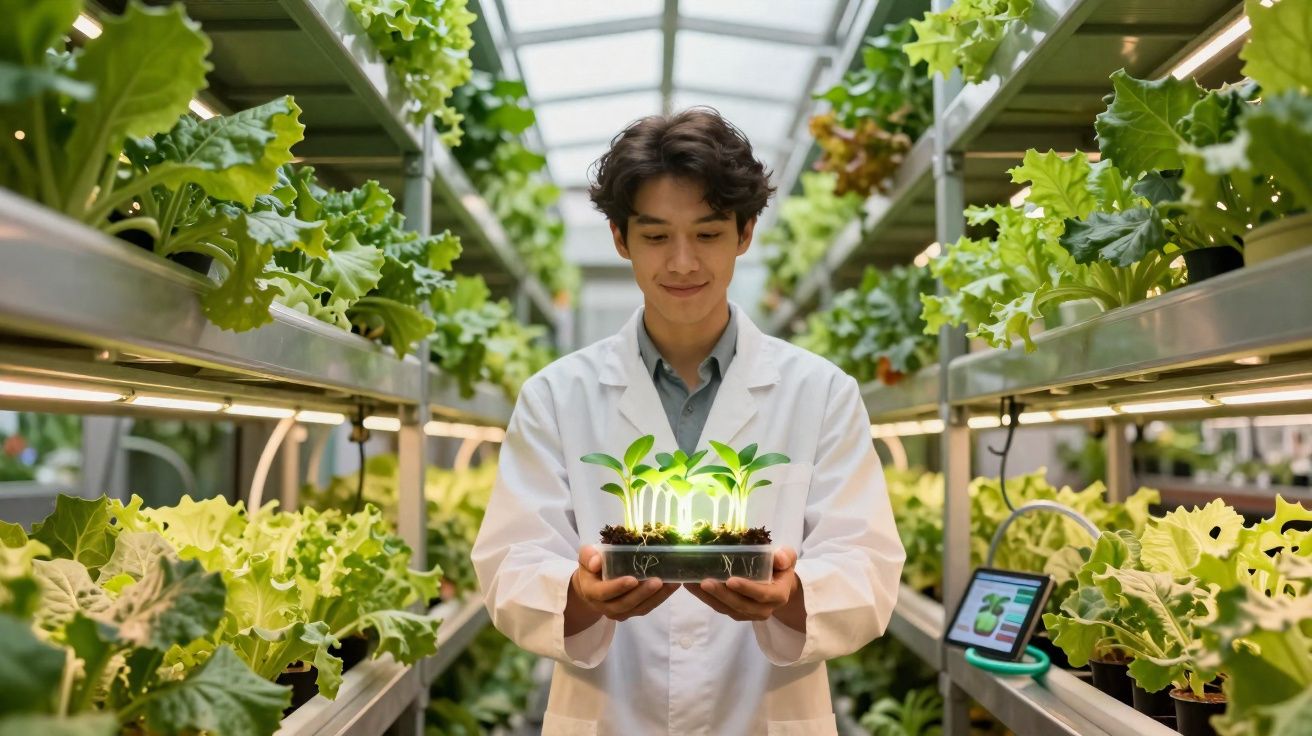 Jovem cientista de bata branca segurando sementes germinadas numa estufa cheia de plantas verdes.