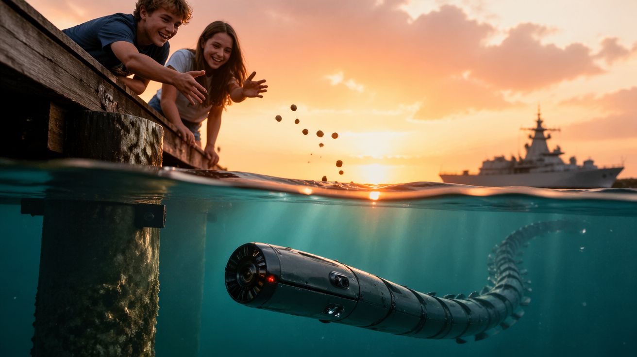 Duas pessoas numa doca lançam objetos para a água onde um robô subaquático em forma de serpente nada ao pôr do sol.