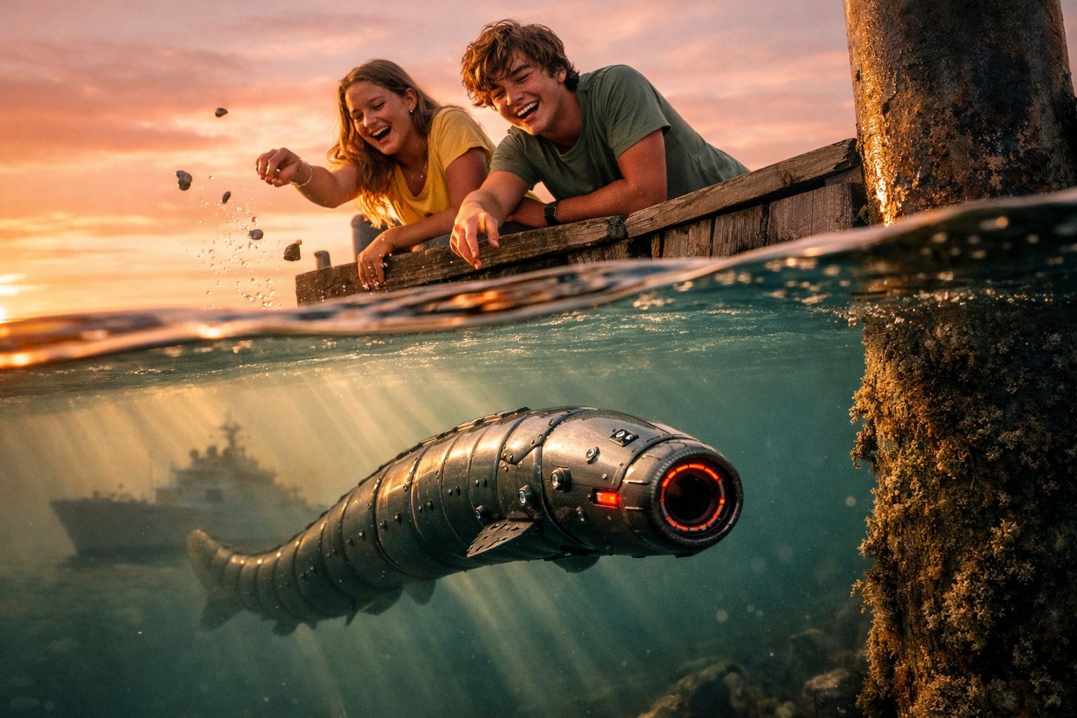 Dois jovens divertem-se junto a um cais enquanto um robô subaquático em forma de peixe nada na água ao pôr do sol.