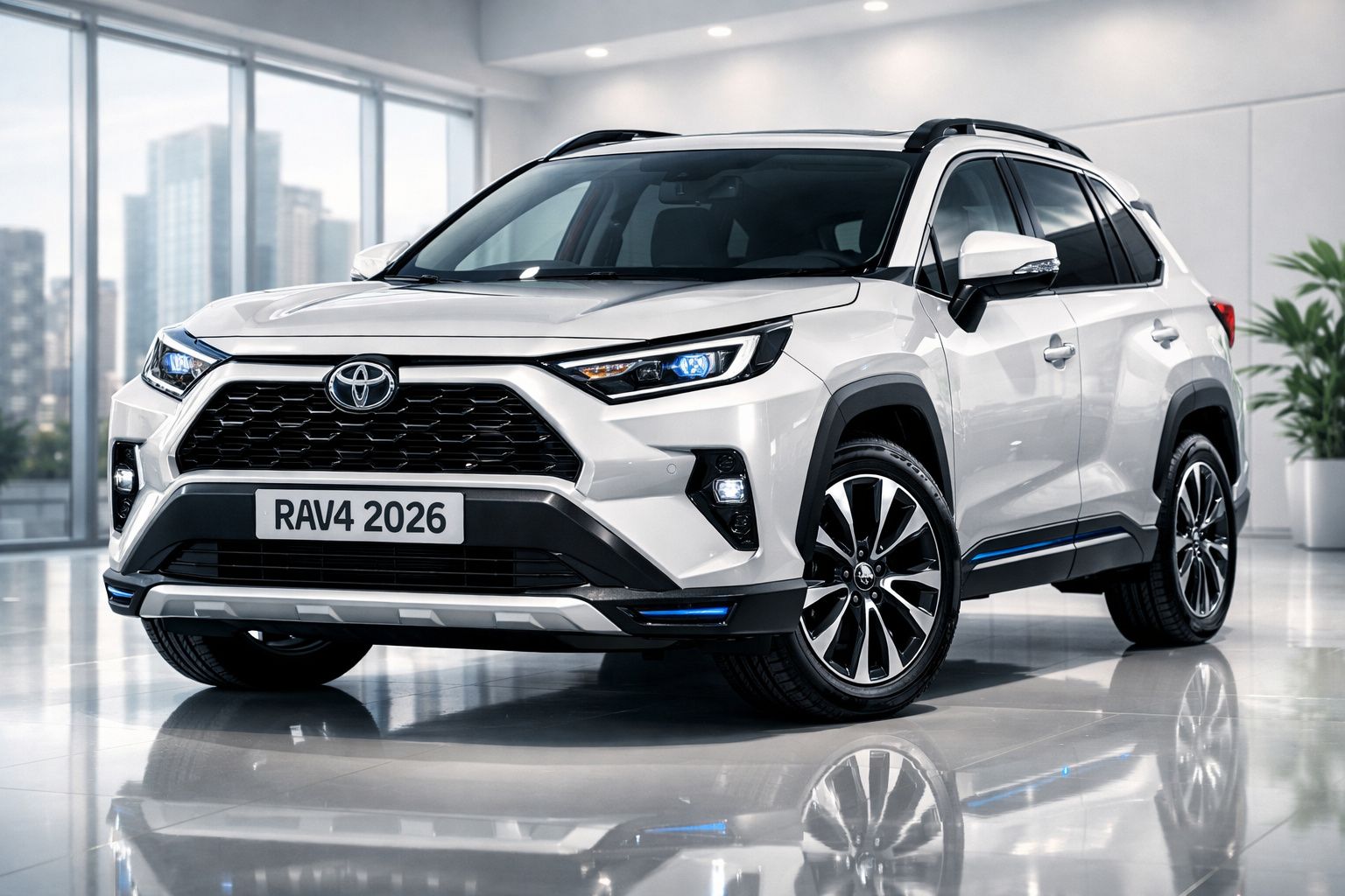 Automóvel Toyota RAV4 2026 branco, SUV moderno com design robusto, em ambiente interior luminoso e urbano.