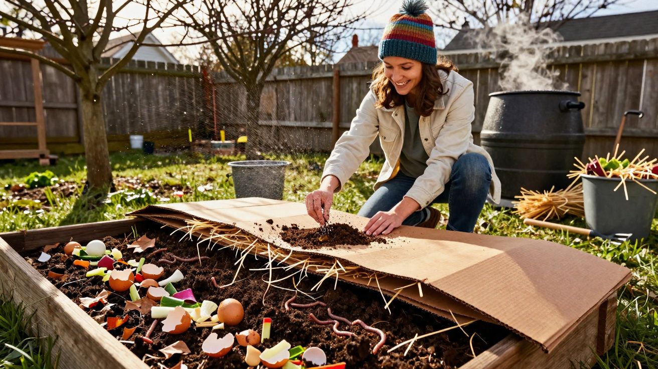 Mulher a preparar cama de compostagem com restos de alimentos e terra num jardim caseiro.