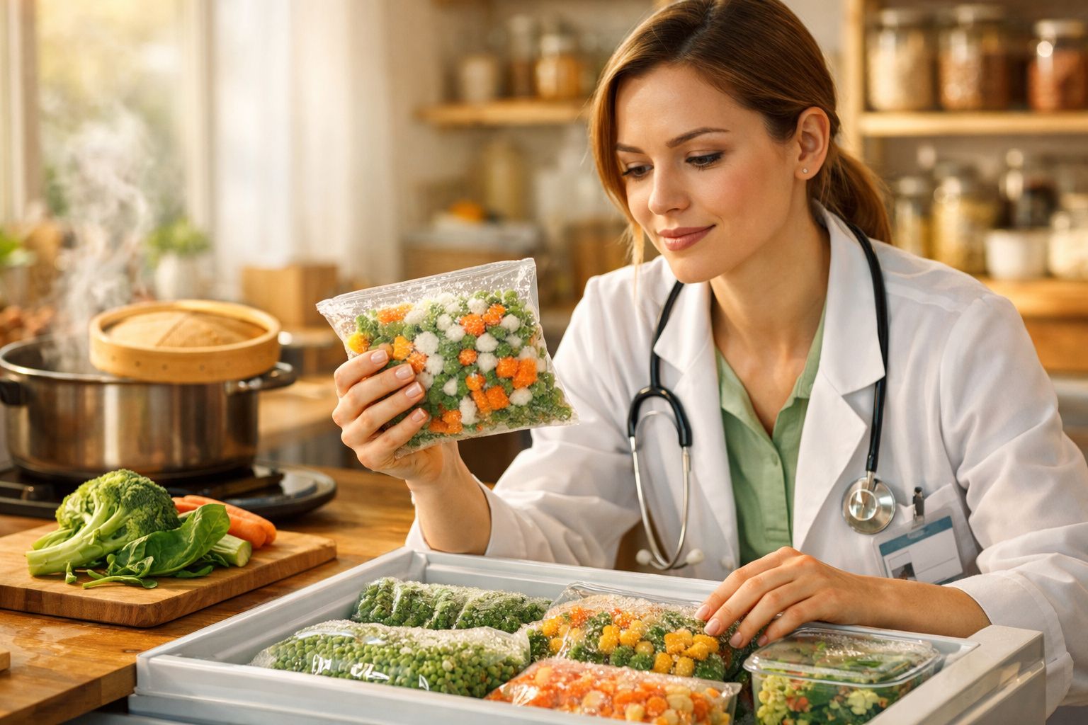 Mulher médica segura saco de legumes congelados numa cozinha, com legumes frescos e panelas ao fundo.