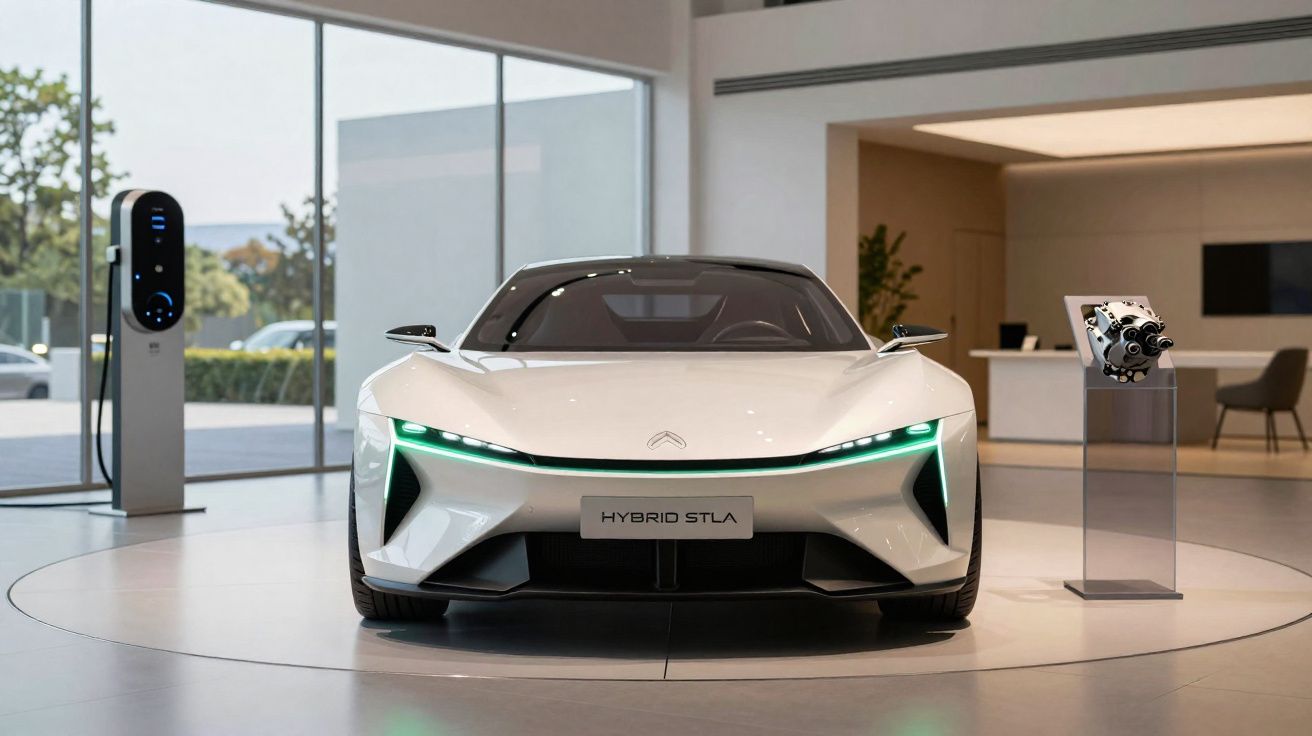 Carro eléctrico branco Citroën Hybrid STLA em exposição moderna com carregador e motor ao lado.