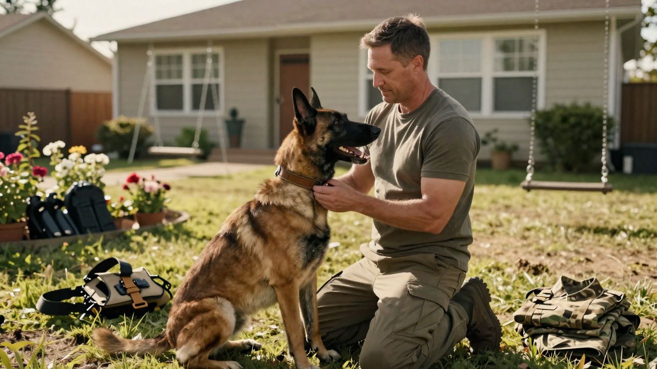 Homem ajoelhado junto a cão pastor alemão num jardim em frente a uma casa, ajustando a coleira do cão.