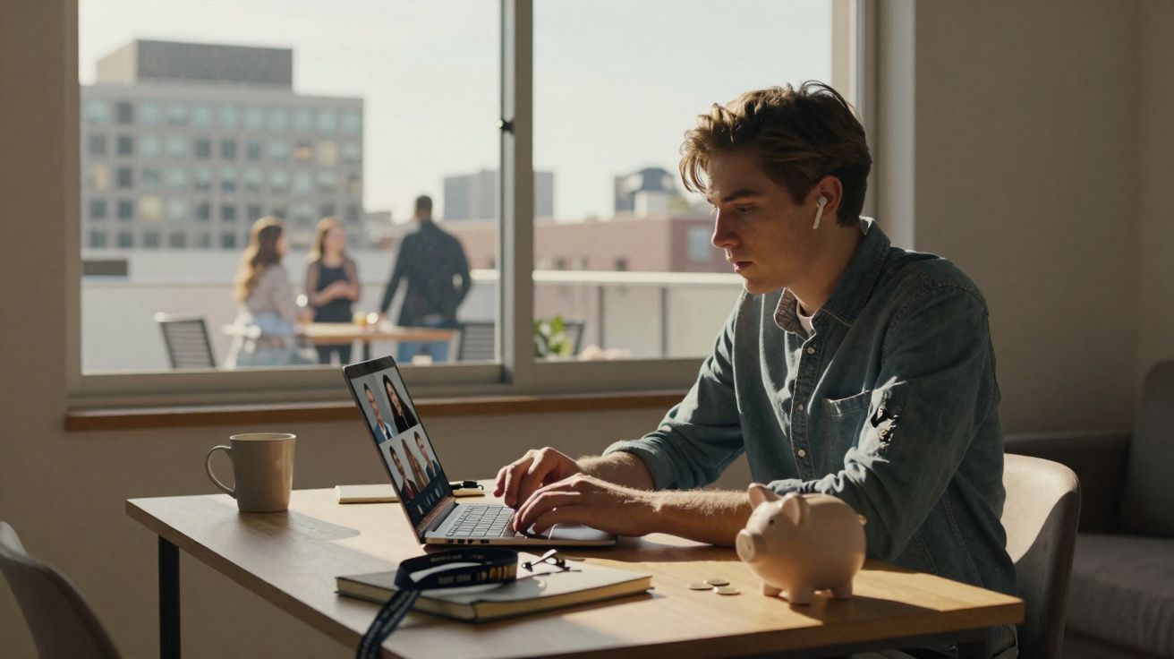 Jovem sentado a trabalhar num portátil numa sala com luz natural, com pessoas desfocadas numa varanda ao fundo.
