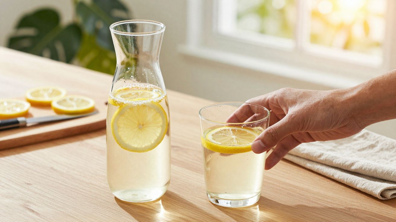 Mão a segurar um copo com água e fatia de limão ao lado de jarra com água e limão numa mesa de madeira.