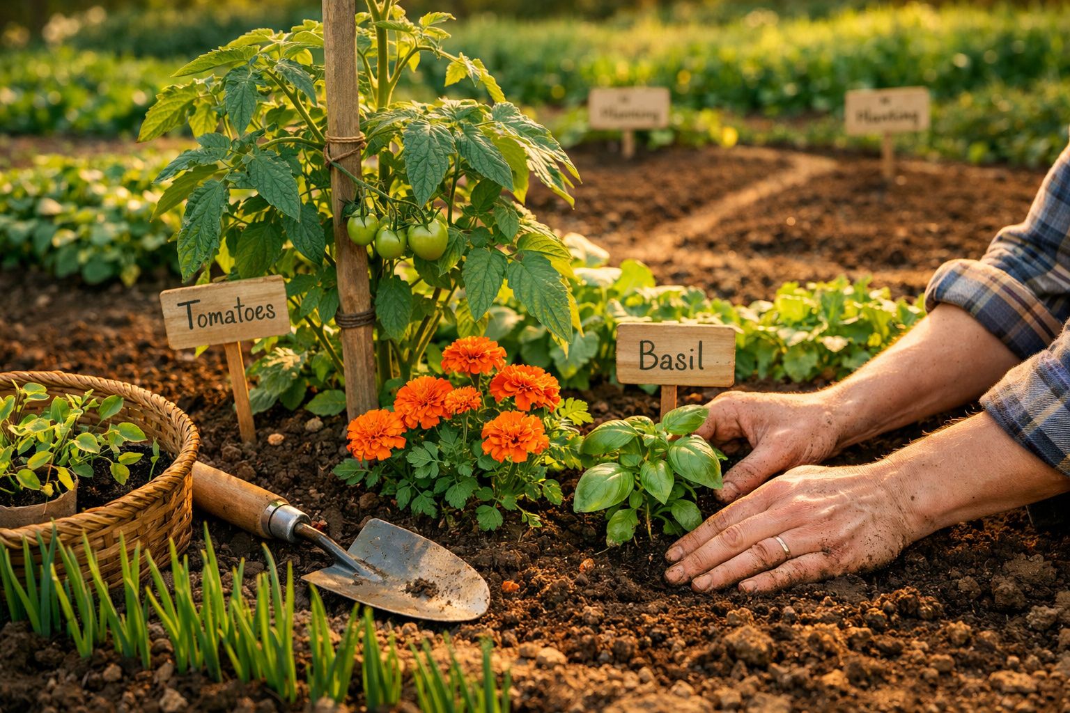 Pessoa a plantar manjericão num jardim com tomateiros, flores laranjas e ferramentas de jardinagem.