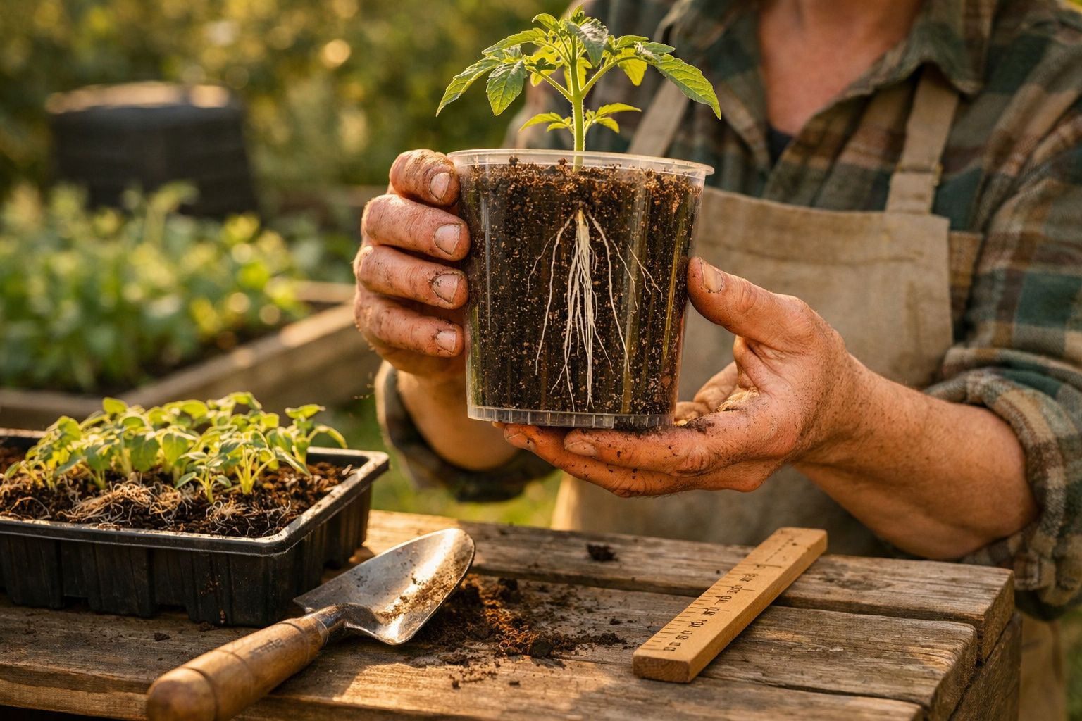 Mãos sujas de terra seguram vaso transparente com planta jovem e raízes visíveis, em ambiente de jardim.