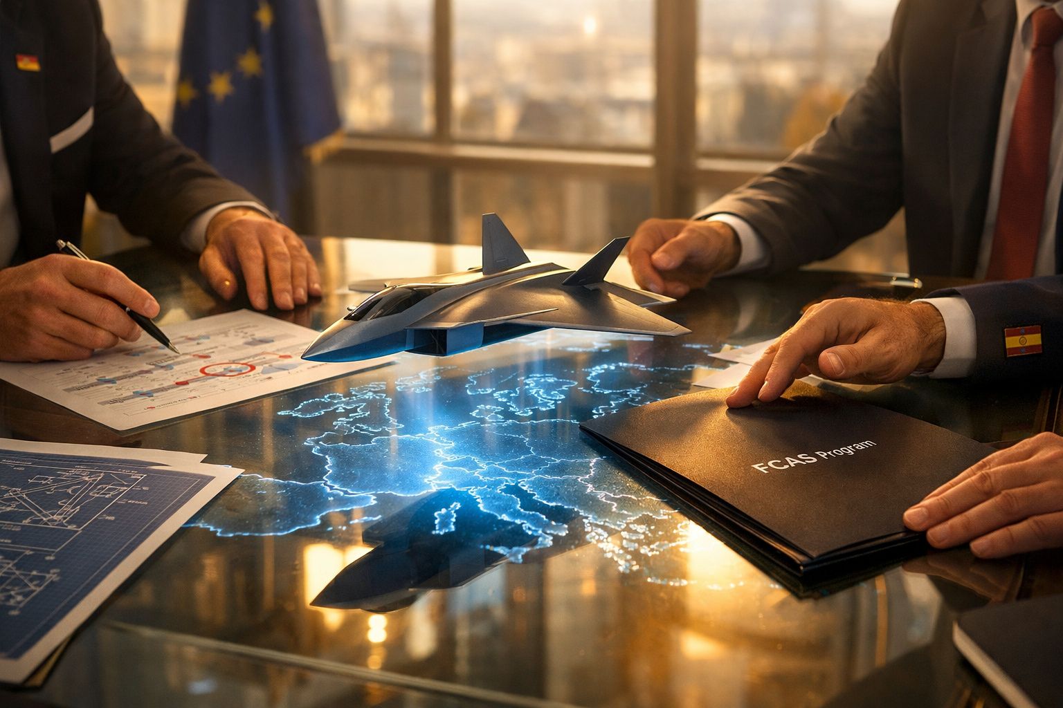 Profissionais discutem projeto de avião stealth sobre mapa holográfico da Europa numa mesa de reunião.