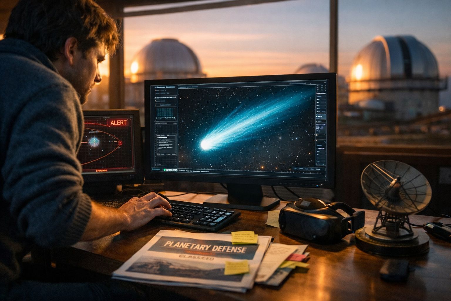 Homem a analisar no computador o trajecto de um cometa, com observatórios visíveis pela janela ao pôr do sol.