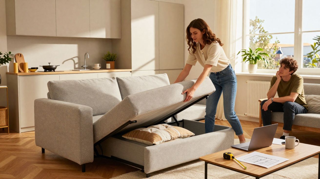 Mulher a abrir sofá-cama cinza numa sala moderna com homem sentado no sofá ao fundo.