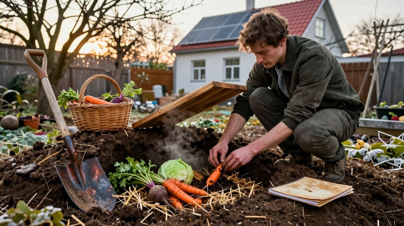 Homem a colher cenouras numa horta de inverno em casa com cesta de legumes e pá no solo.