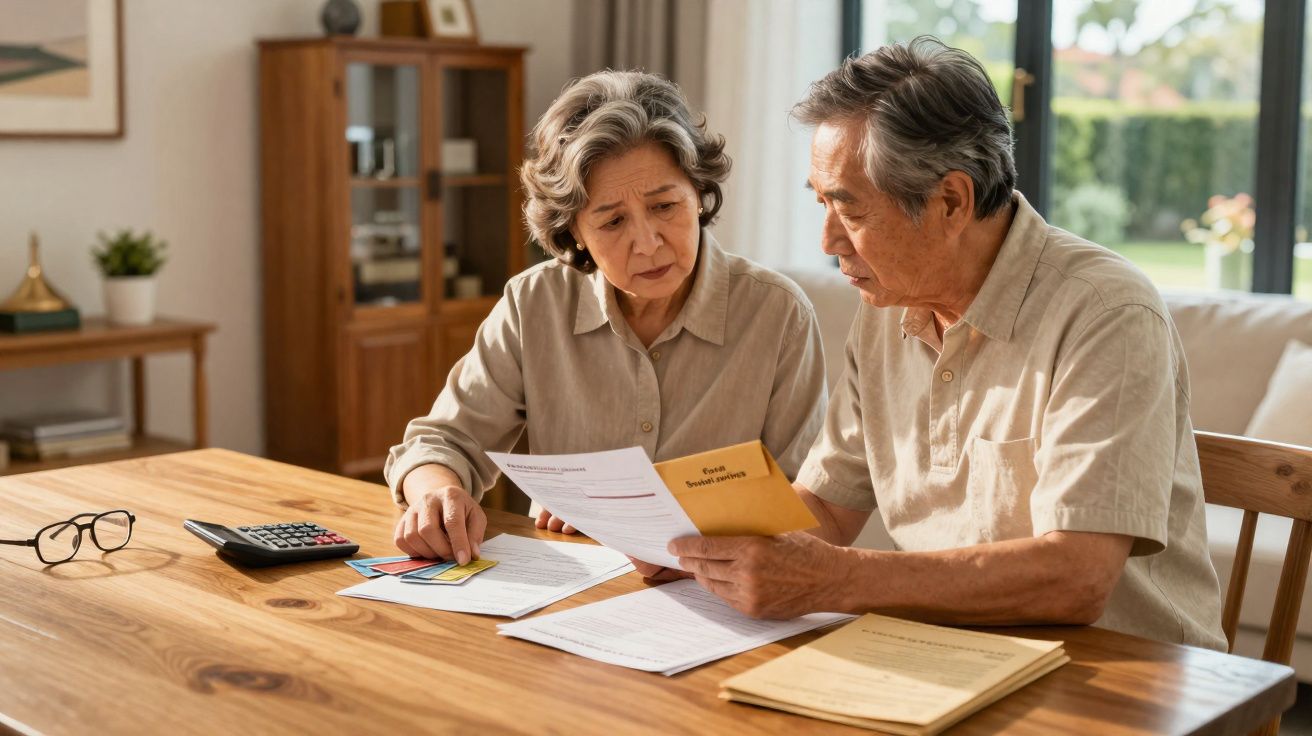 Casal sénior sentado à mesa, a analisar documentos financeiros e usar cartão de crédito.