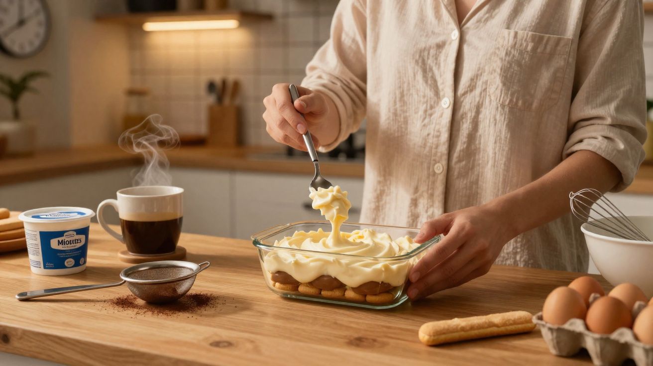 Pessoa a preparar sobremesa cremosa numa cozinha com ingredientes e café numa bancada de madeira.