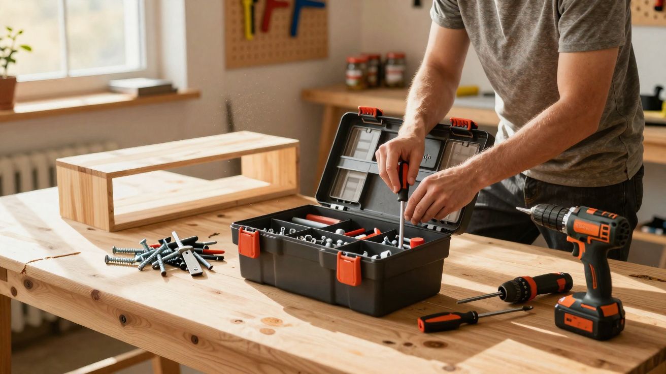 Pessoa a organizar ferramentas num estojo sobre uma mesa de madeira numa oficina iluminada.