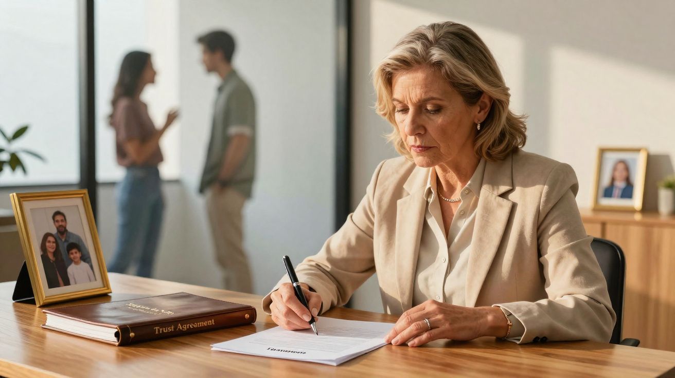Mulher madura a assinar documento, casal ao fundo desfocado, mesa com livro e fotografias de família.