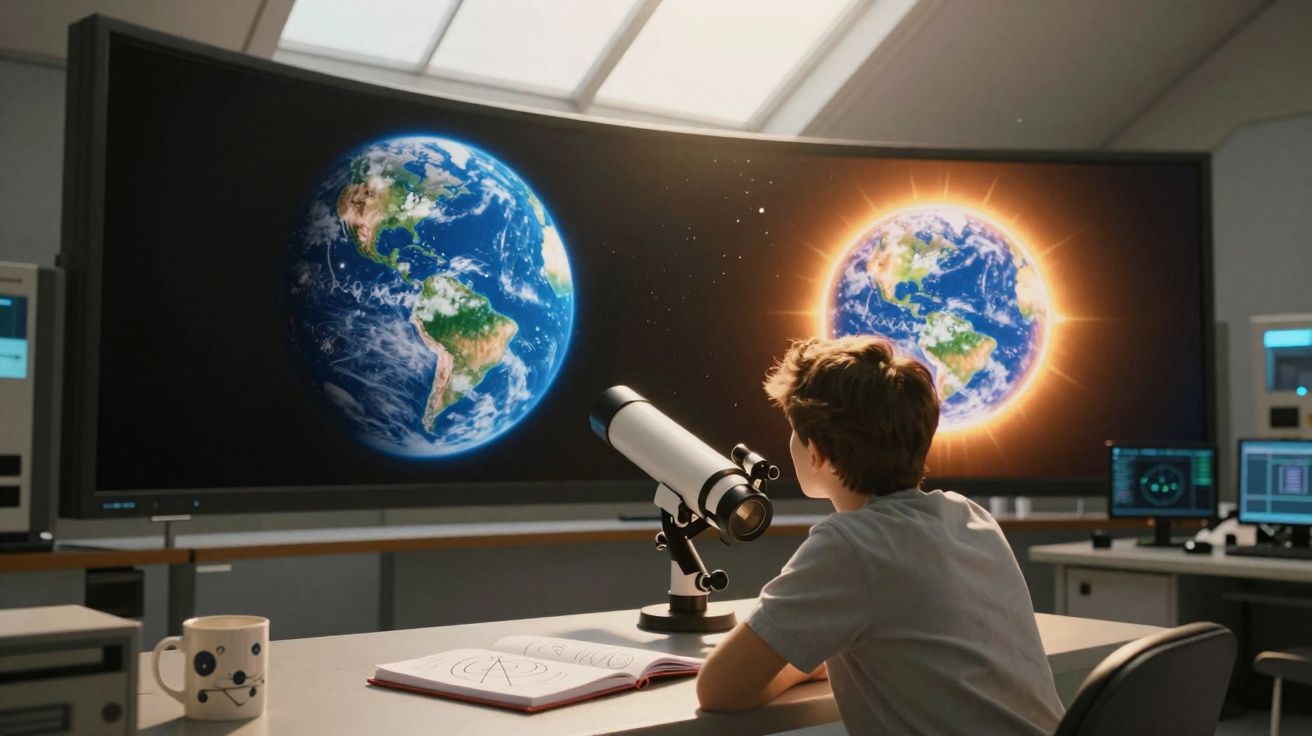 Criança observa dois planetas Terra em ecrã, um normal e outro com brilho ao redor, numa sala de aula com telescópio.