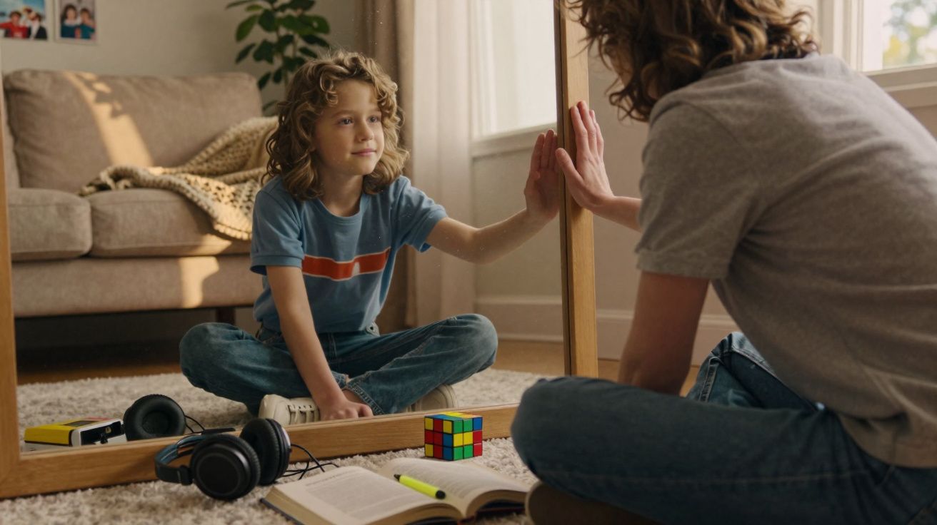 Criança sentada no chão sorrindo, olhando para o espelho, com livros, auscultadores e cubo mágico à sua frente.