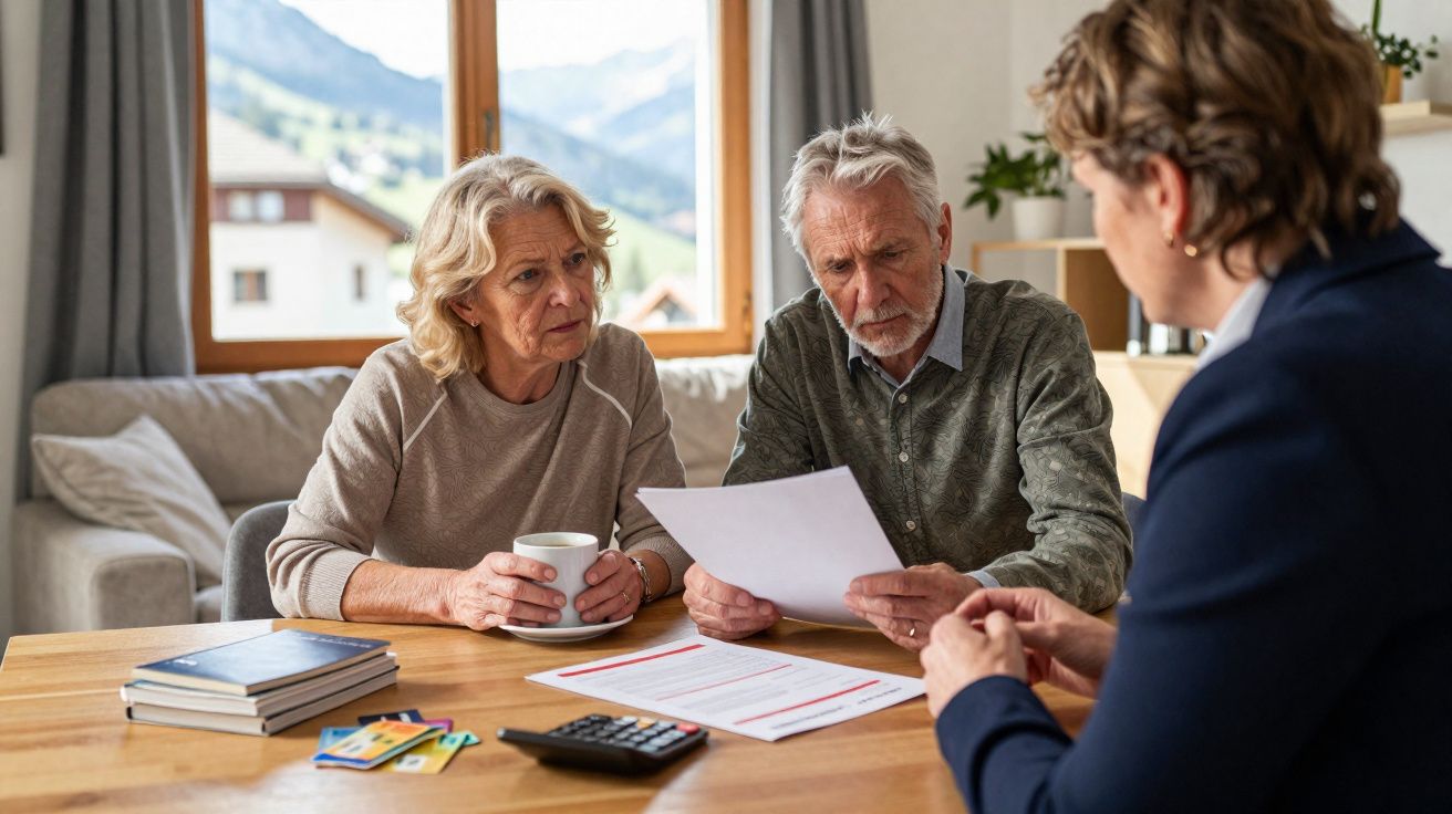 Casal idoso a analisar documentos com consultor sentado frente a eles numa sala de estar iluminada.