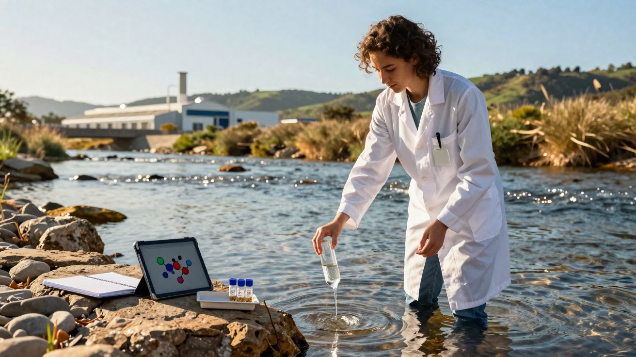 Cientista recolhe amostra de água de rio para análise com tablet e tubos de ensaio na margem.