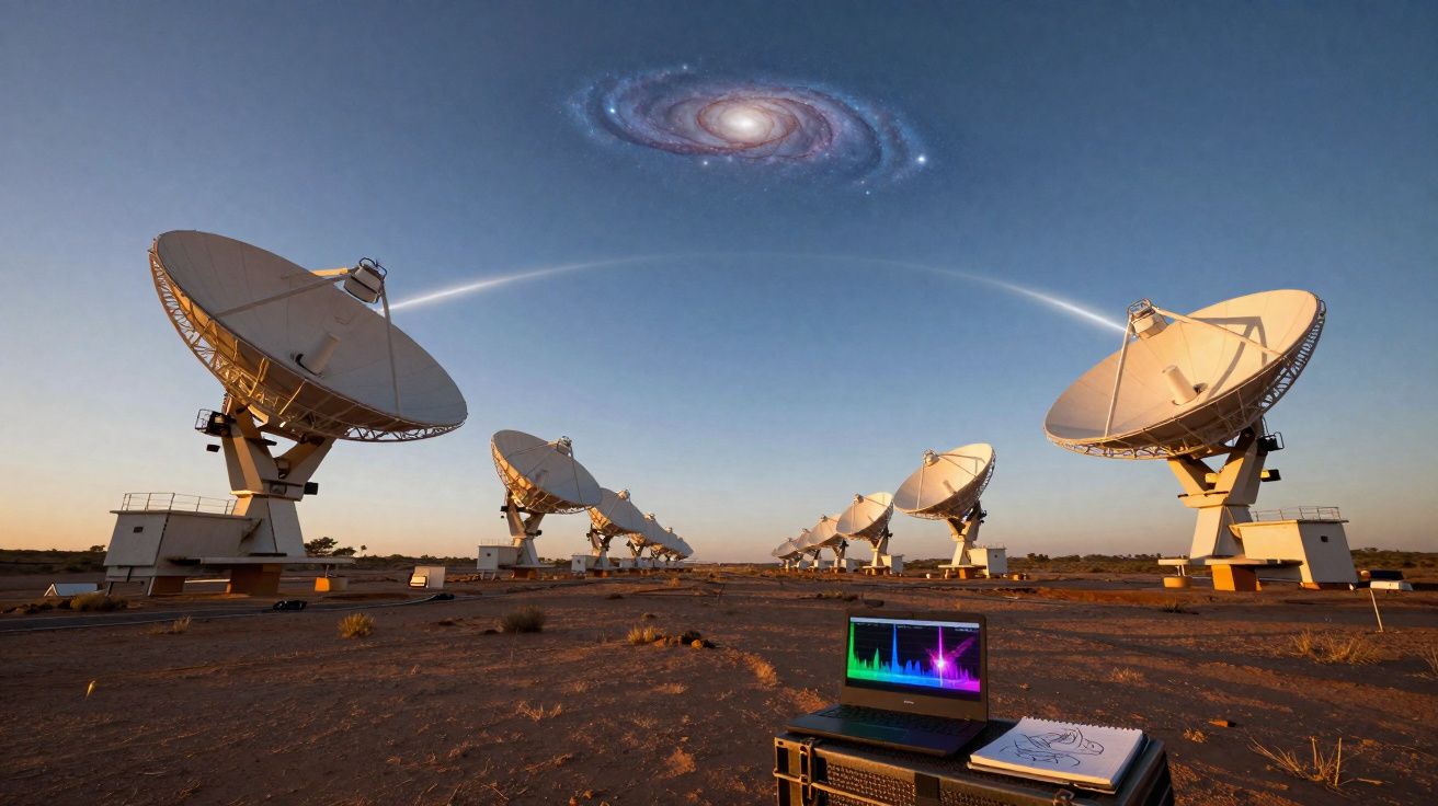Antenas parabólicas no deserto a captar sinais do espaço com trilha de comunicação até uma galáxia no céu.