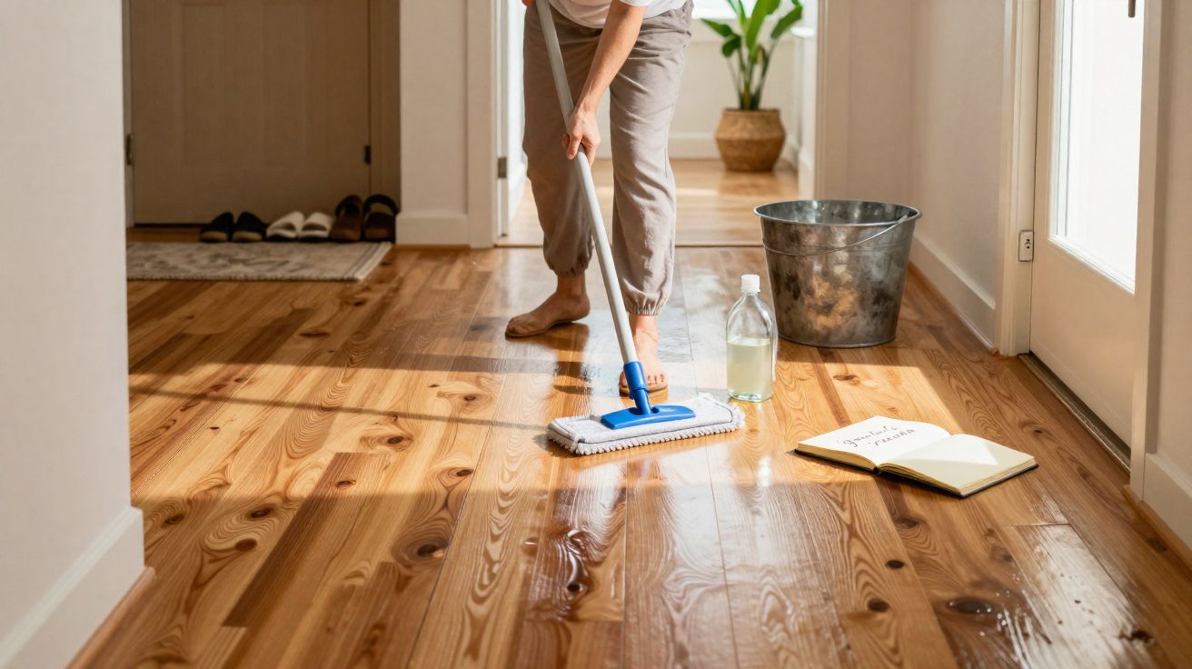 Pessoa a limpar chão de madeira com esfregona e balde num corredor iluminado por luz natural.