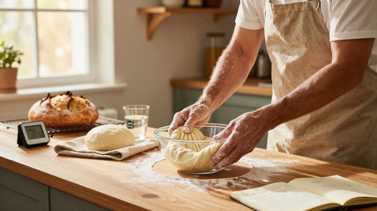 Pessoa a moldar massa de pão numa taça de vidro numa cozinha luminosa com pão já cozido na bancada.