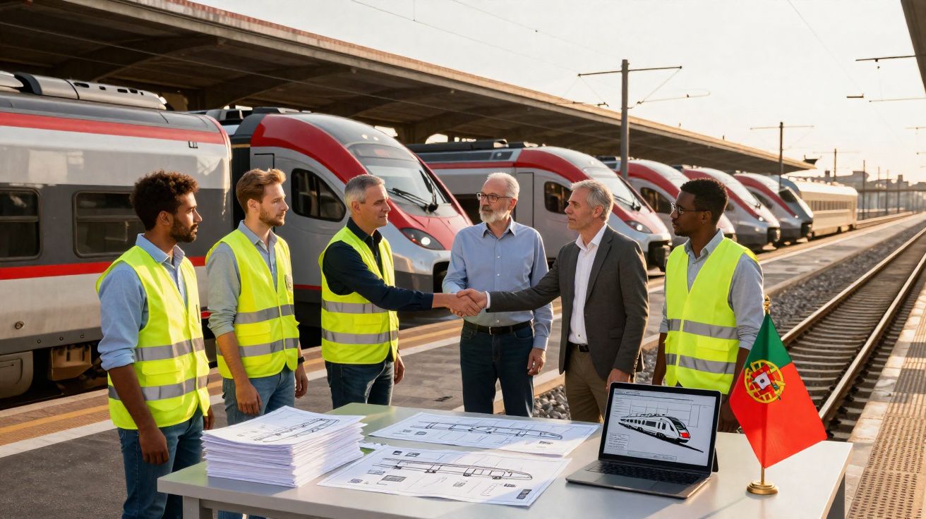 Engenheiros de segurança com coletes refletores em estação de comboios, cumprimentando-se junto a planos e bandeira de Portug