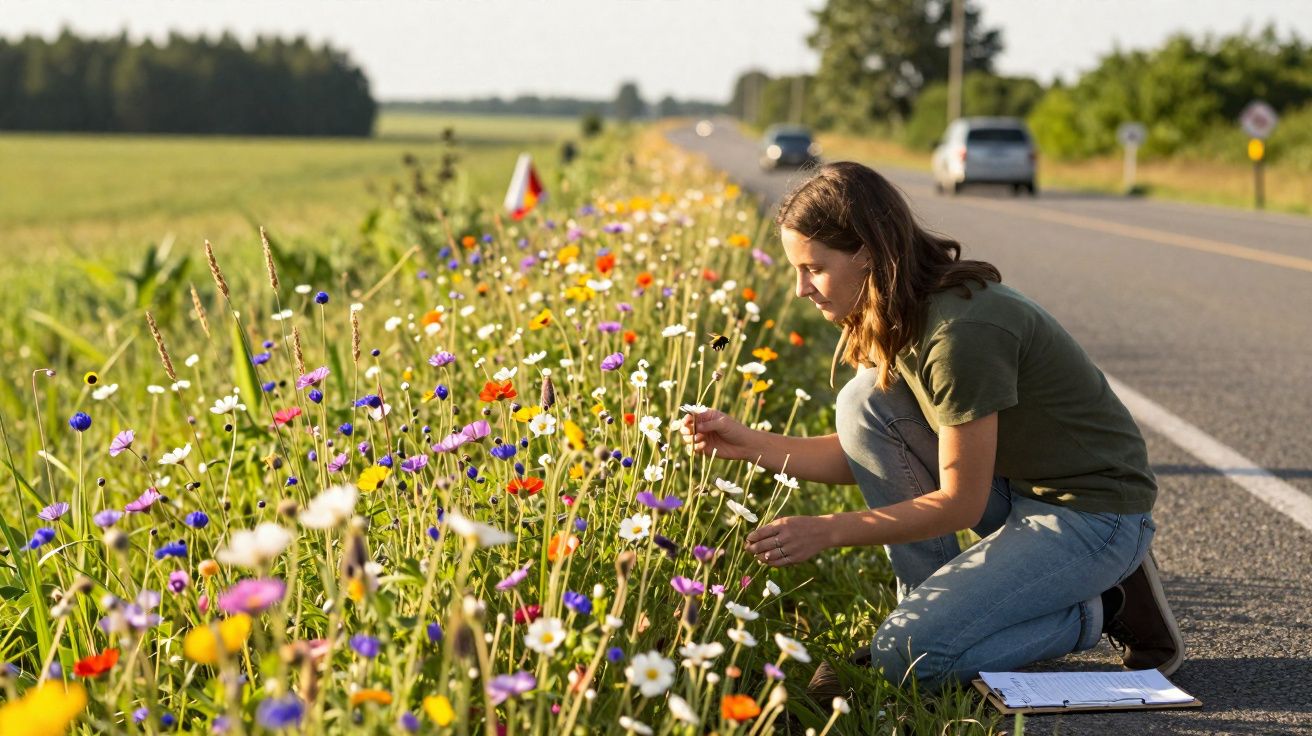 Mulher agachada colhe flores silvestres numa berma de estrada rodeada de campo e flores coloridas.