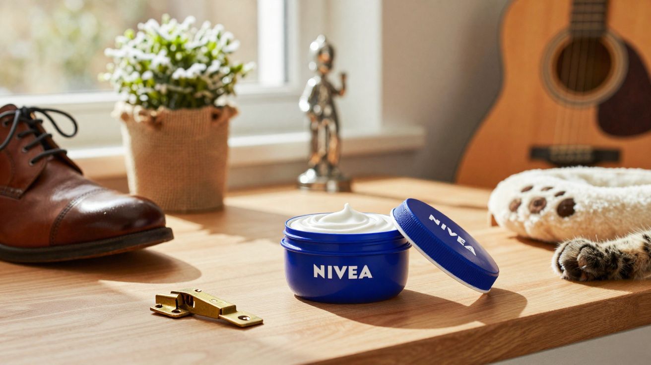 Pote aberto de creme Nivea numa mesa de madeira, com sapato, planta, guitarra e pata de gato ao fundo.
