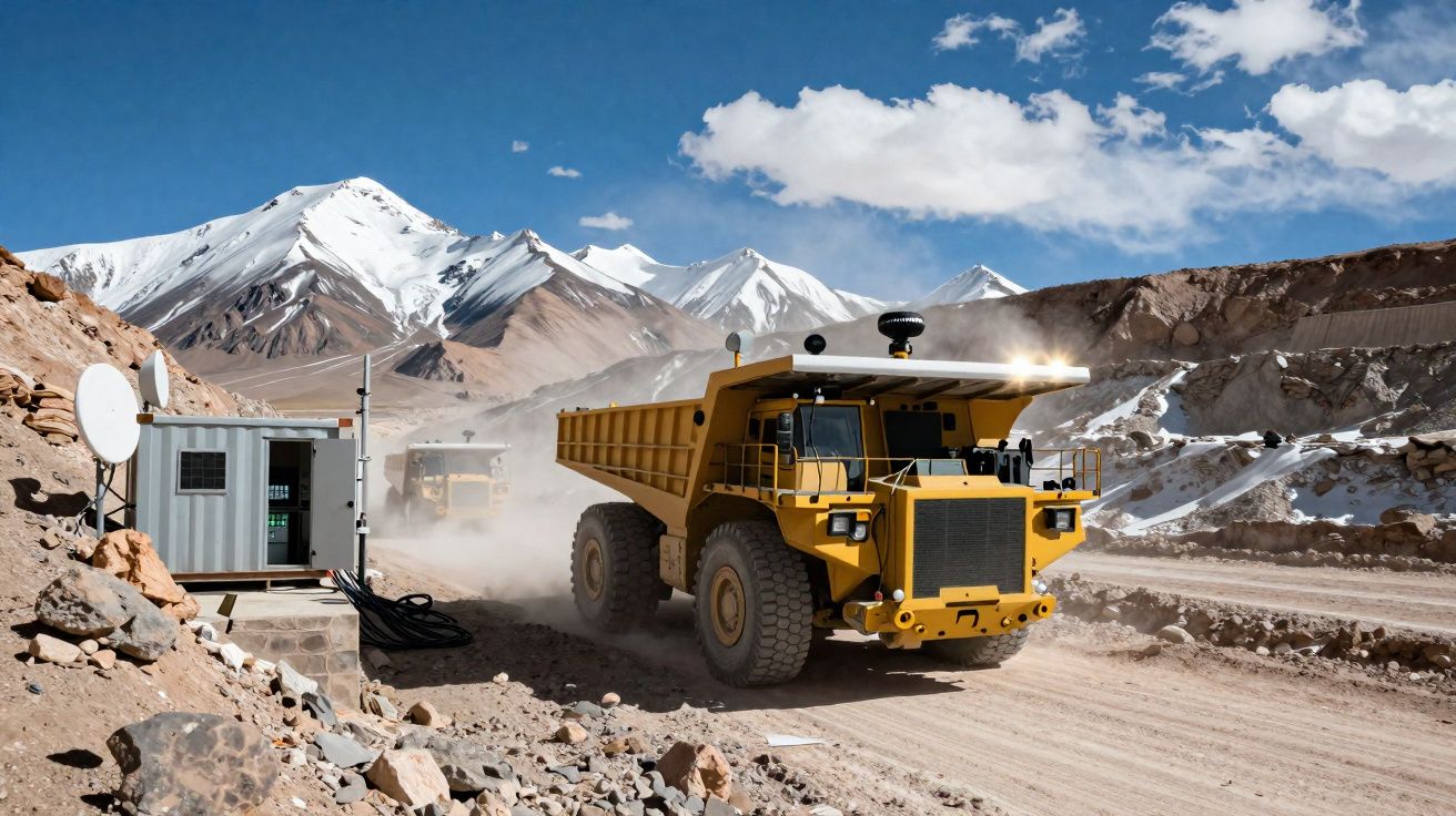 Camião de mineração amarelo a passar em estrada de terra com montanhas nevadas ao fundo.