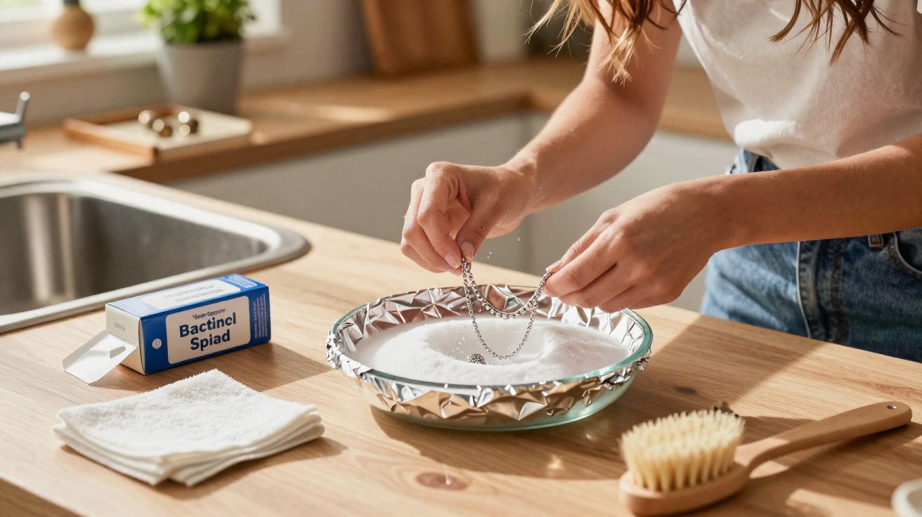 Pessoa a limpar colar numa taça com pó de limpeza Bactinol Spiad numa cozinha.