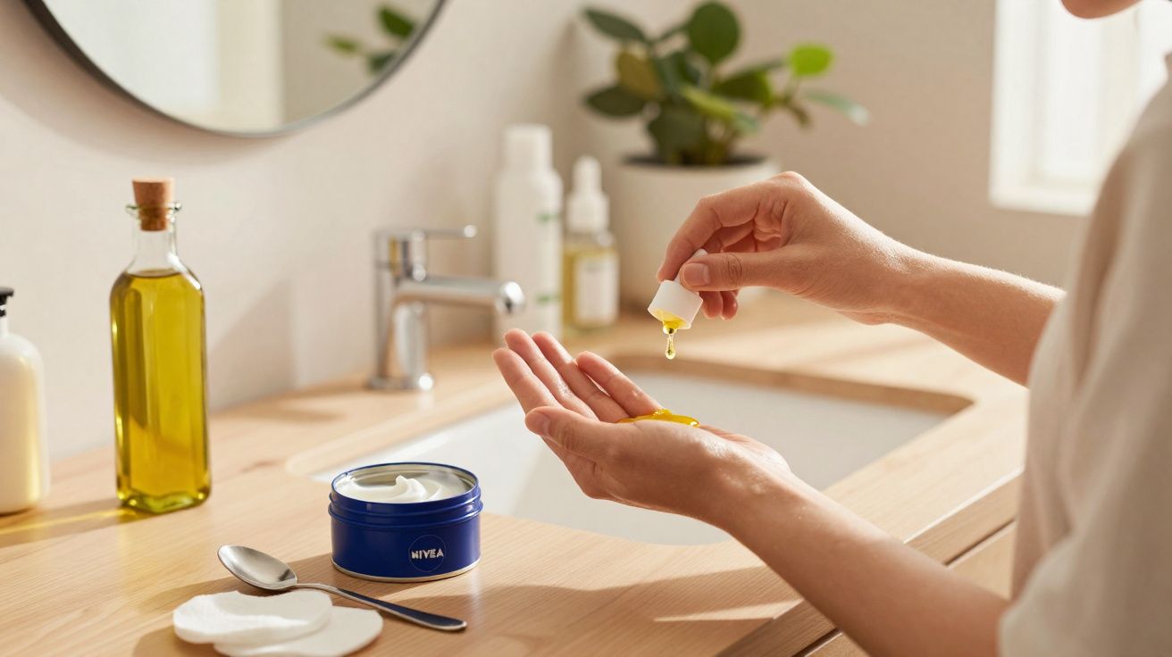 Mãos femininas a aplicar gotas de óleo num banheiro com creme Nivea, algodão e espelho ao fundo.