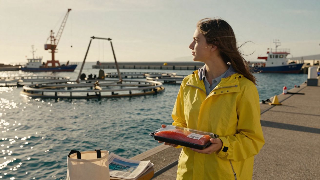 Mulher de casaco amarelo segura embalagem de peixe junto ao cais de uma fábrica de aquacultura.