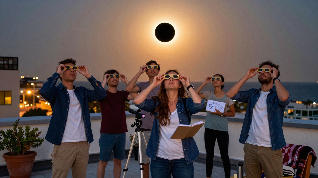 Grupo de seis pessoas com óculos especiais observando eclipse solar ao pôr do sol numa varanda com telescópio.