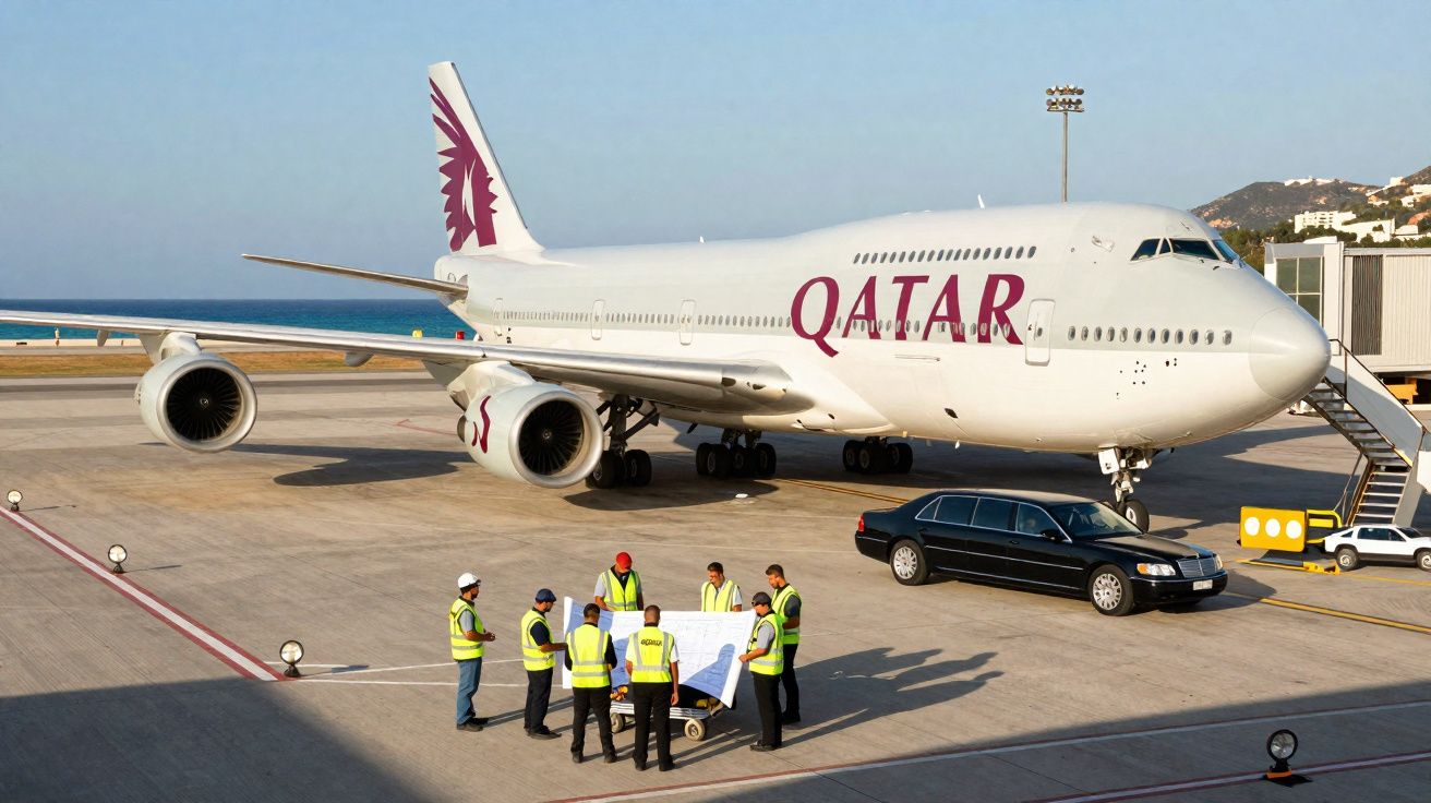 Avião da Qatar Airways em terra no aeroporto com grupo de trabalhadores em coletes refletivos.