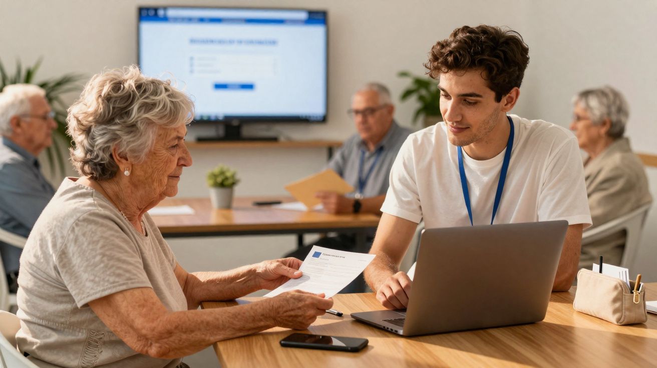 Jovem a ajudar senhora idosa com documentos numa sala com outras pessoas idosas sentadas em mesas.
