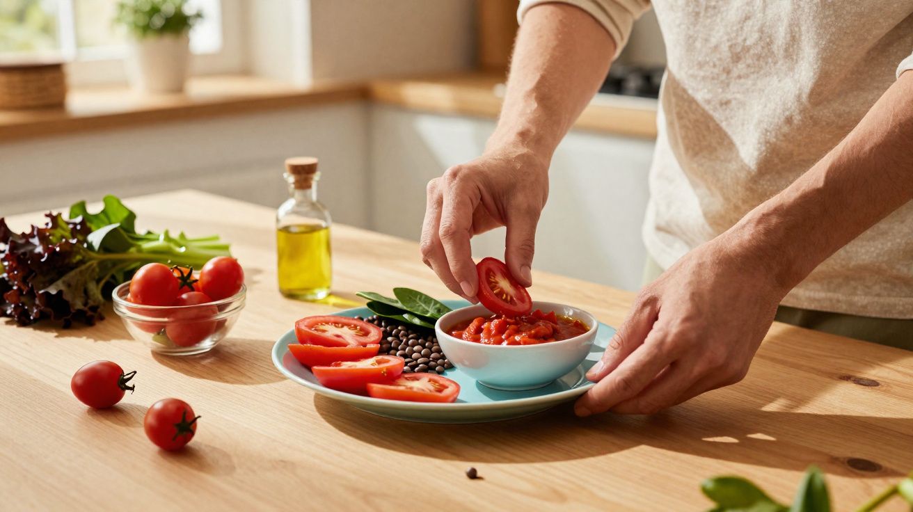 Pessoa a preparar prato com tomate, legumes e azeite numa cozinha luminosa.