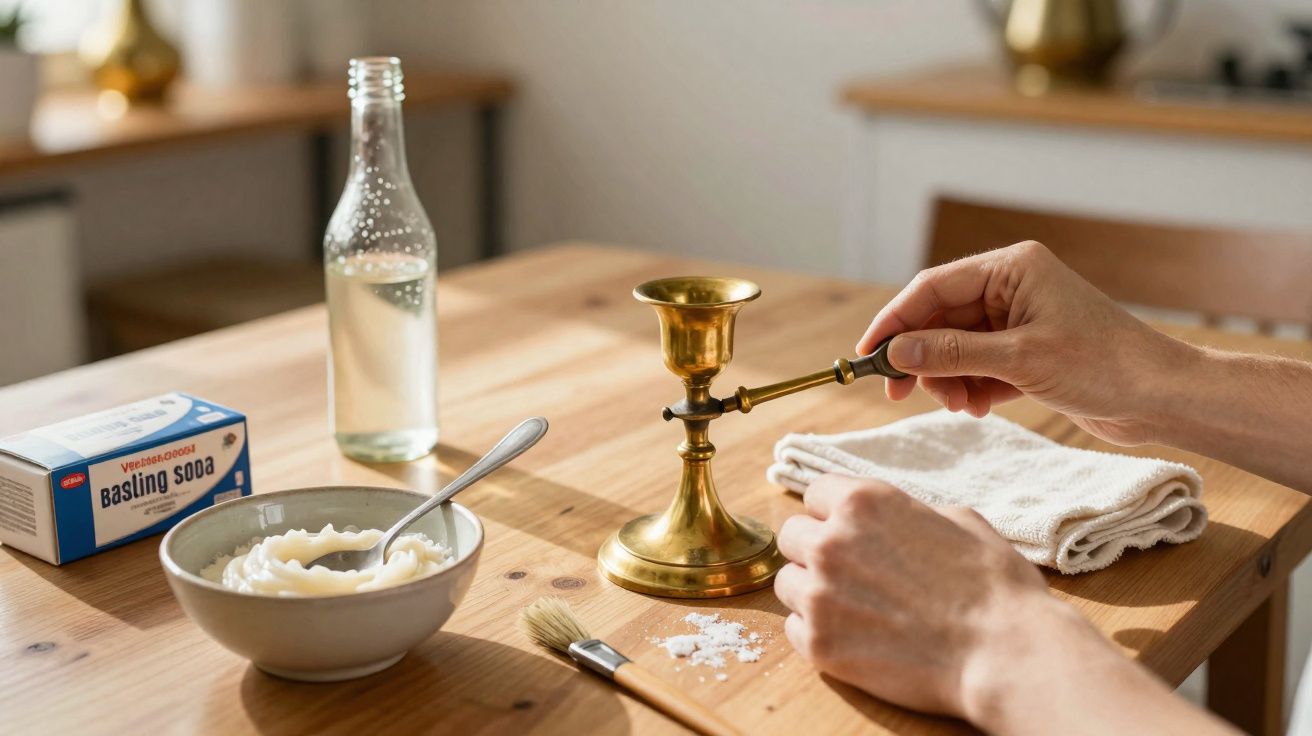 Mãos acendendo vela num castiçal dourado com bicarbonato, tigela, pincel e garrafa sobre mesa de madeira.