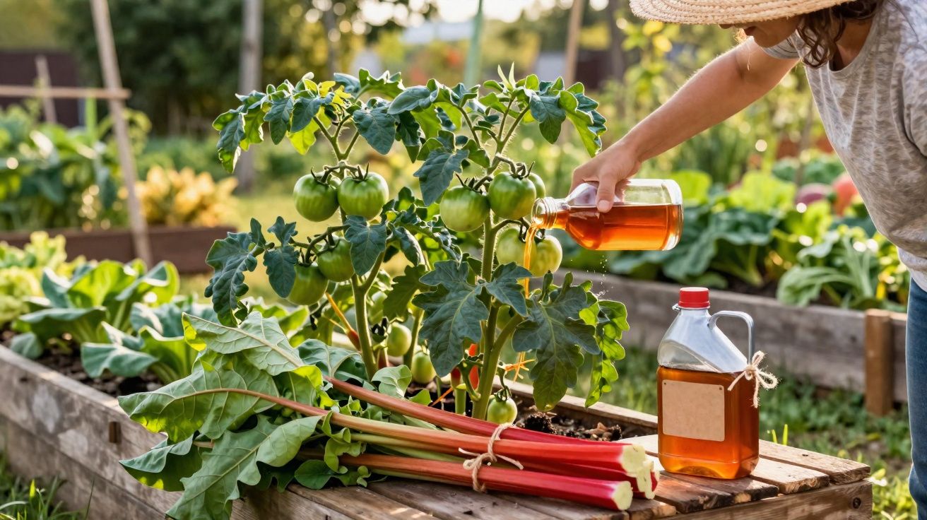 Pessoa a regar plantas de tomateiro num jardim em canteiros elevados de madeira numa horta.
