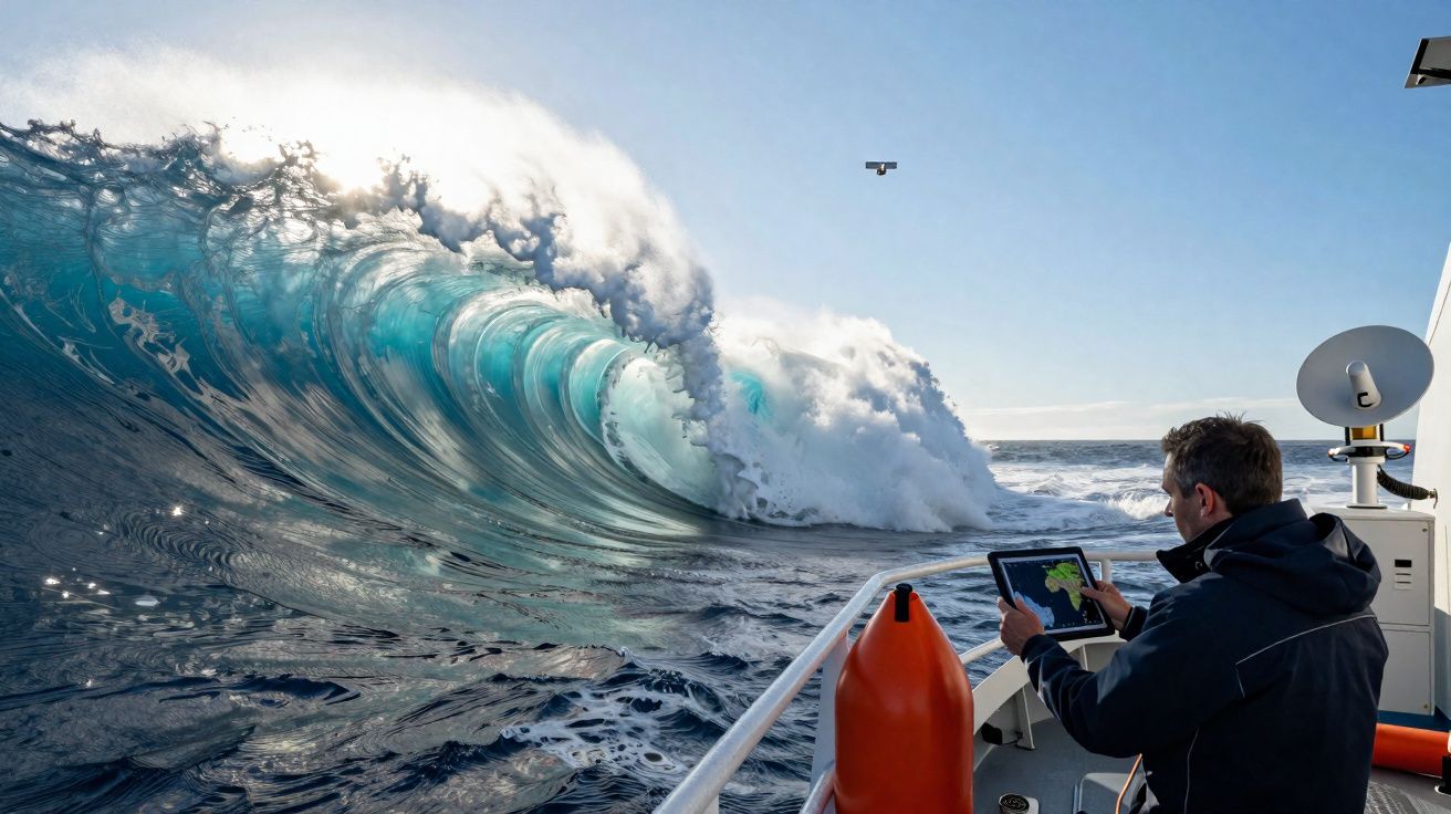 Homem num barco a observar uma grande onda azul a quebrar enquanto usa um tablet.
