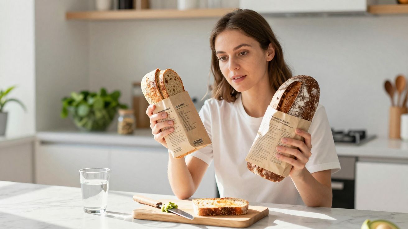 Mulher sentada na cozinha a segurar dois tipos de pão embalados, com uma fatia de pão numa tábua à sua frente.