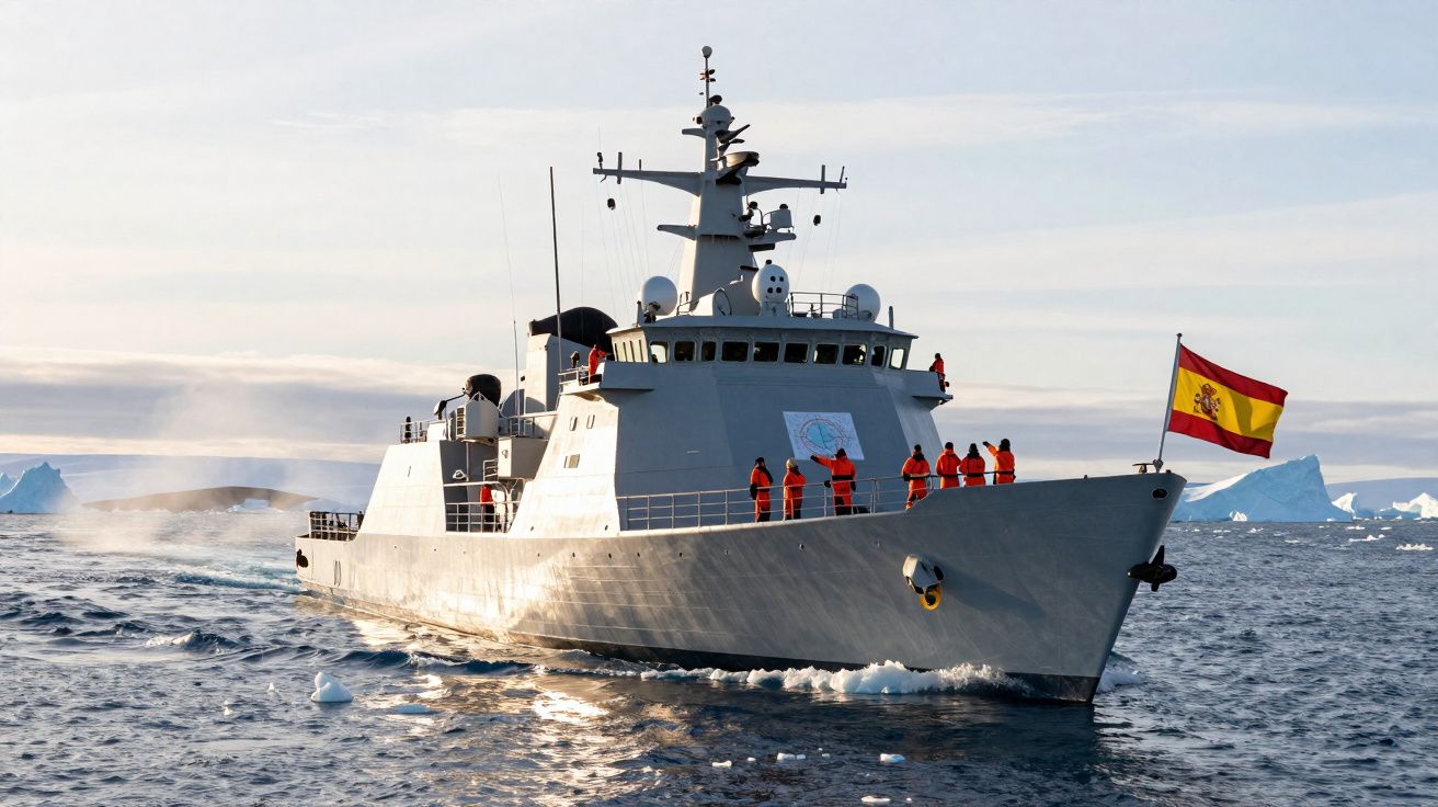 Navio militar espanhol com tripulação a bordo navegando em mar gelado com icebergs ao fundo.