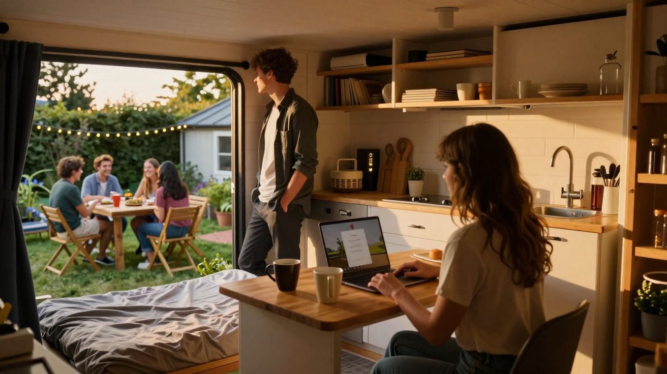 Pessoa a trabalhar num computador portátil numa cozinha, com grupo de amigos a conversar no jardim ao pôr do sol.