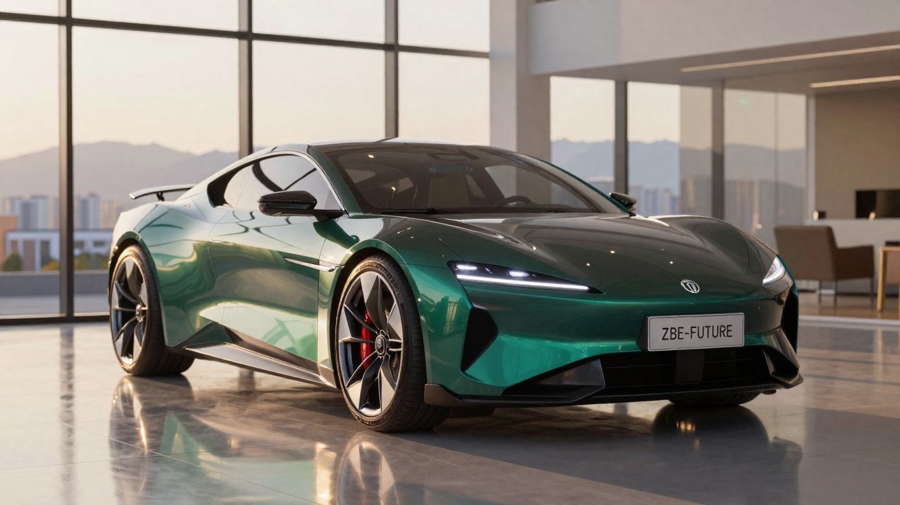 Carro desportivo elétrico verde com design moderno, luzes dianteiras LED, em showroom com janelas grandes.