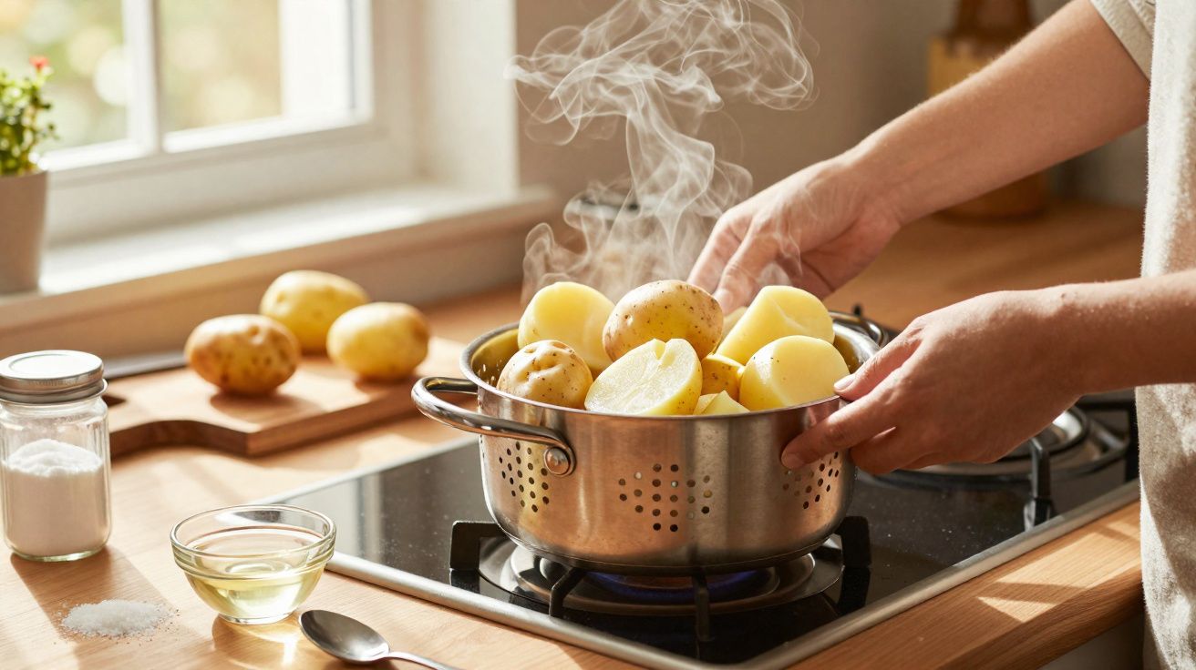 Mãos a retirar batatas quentes a vapor de um coador metálico no fogão de cozinha.