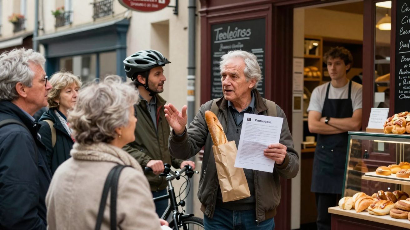 Homem idoso fala para grupo de pessoas numa rua junto a padaria, segurando papel e saco com baguete.