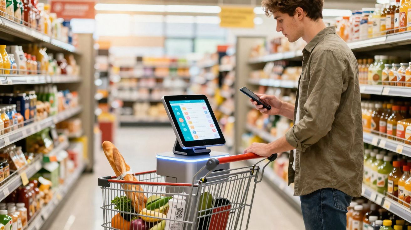 Homem a usar telemóvel para pagar compras num supermercado com carrinho cheio de alimentos frescos.