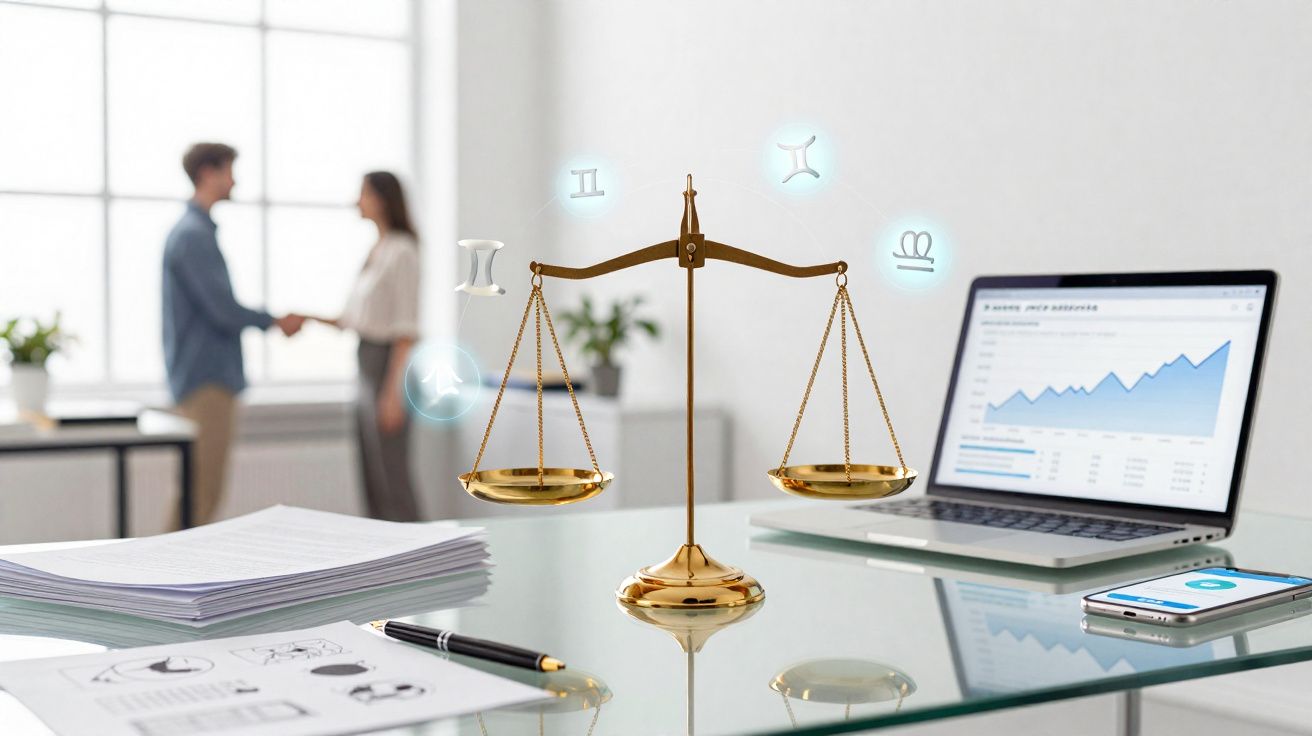 Balança dourada sobre mesa com documentos, computador portátil e duas pessoas a cumprimentar-se ao fundo num escritório.